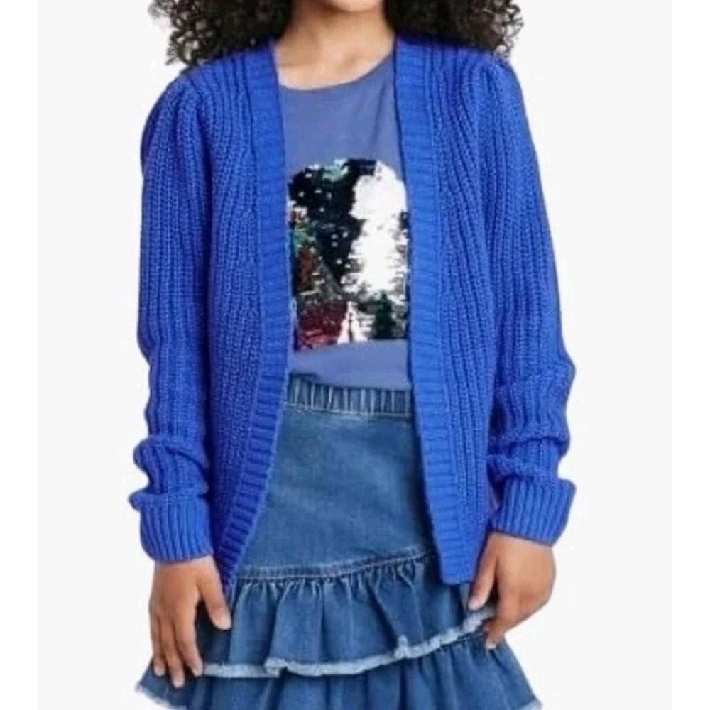 Cat & Jack Girl's Open Front Blue Sparkle Long-sleeve Knit Cardigan Size Large